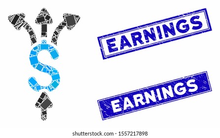 Mosaic divide payments pictogram and rectangle seals. Flat vector divide payments mosaic icon of random rotated rectangle elements. Blue caption rubber seals with corroded texture.