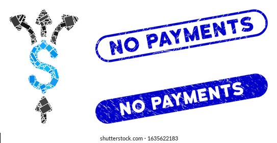 Mosaic divide payments and rubber stamp seals with No Payments caption. Mosaic vector divide payments is designed with random rectangle items. No Payments stamp seals use blue color,