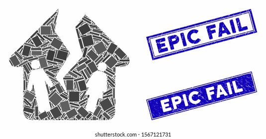 Mosaic divorce house icon and rectangle rubber prints. Flat vector divorce house mosaic icon of randomized rotated rectangular elements. Blue caption rubber seals with distress texture.