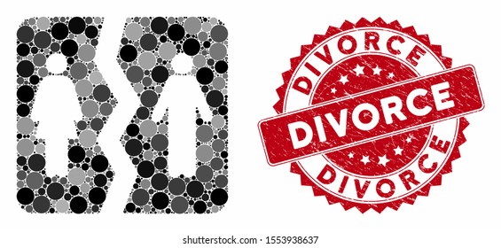 Mosaic divorce and rubber stamp watermark with Divorce caption. Mosaic vector is created with divorce icon and with scattered round spots. Divorce stamp uses red color, and rubber texture.