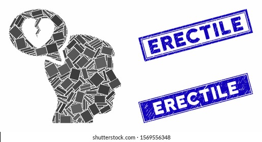 Mosaic divorce thinking man icon and rectangle seal stamps. Flat vector divorce thinking man mosaic icon of randomized rotated rectangular items. Blue caption seal stamps with scratched texture.