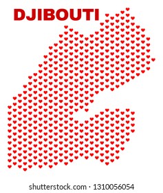 Mosaic Djibouti map of heart hearts in red color isolated on a white background. Regular red heart pattern in shape of Djibouti map. Abstract design for Valentine decoration.