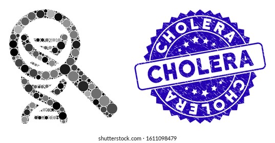 Mosaic DNA analysis icon and rubber stamp watermark with Cholera caption. Mosaic vector is composed with DNA analysis icon and with random round spots. Cholera stamp seal uses blue color,
