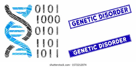 Mosaic DNA binary code icon and rectangle Genetic Disorder seal stamps. Flat vector DNA binary code mosaic icon of randomized rotated rectangle elements.
