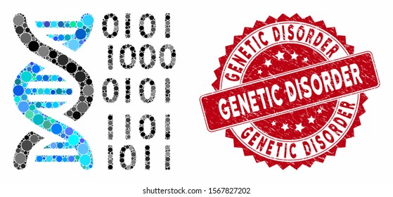 Mosaic DNA binary code and rubber stamp watermark with Genetic Disorder caption. Mosaic vector is formed from DNA binary code icon and with randomized spheric items.