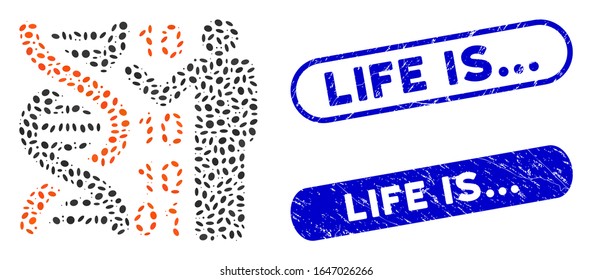 Mosaic DNA code report and distressed stamp seals with Life Is... phrase. Mosaic vector DNA code report is composed with randomized elliptic dots. Life Is... stamp seals use blue color,