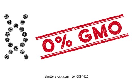 Mosaic DNA helix icon and red 0 Percent GMO watermark between double parallel lines. Flat vector DNA helix mosaic icon of scattered rotated rectangular items. Red 0 Percent GMO watermark with grunge