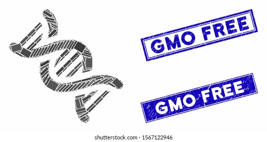Mosaic DNA icon and rectangle seals. Flat vector DNA mosaic pictogram of randomized rotated rectangle items. Blue caption rubber seals with distress textures.
