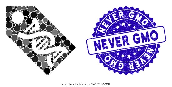 Mosaic DNA marker icon and corroded stamp watermark with Never GMO caption. Mosaic vector is formed with DNA marker icon and with scattered circle spots. Never GMO stamp seal uses blue color,