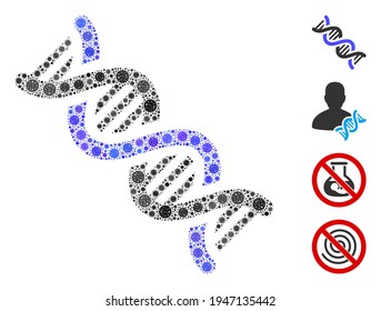 Mosaic DNA spiral constructed from coronavirus elements in various sizes and color hues. Vector infection elements are united into abstract mosaic DNA spiral icon. Some bonus icons are added.