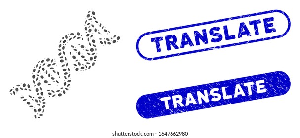 Mosaic DNA spiral and corroded stamp seals with Translate phrase. Mosaic vector DNA spiral is designed with random oval pieces. Translate stamp seals use blue color, and have round rectangle shape.