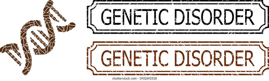 Mosaic DNA spiral organized from coffee seeds, and grunge Genetic Disorder rectangle seal stamps with notches.