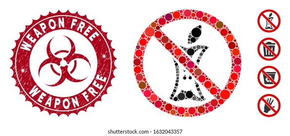 Mosaic do not litter icon and corroded stamp seal with Weapon Free text and biohazard symbol. Mosaic vector is composed from do not litter icon and with randomized spheric elements.