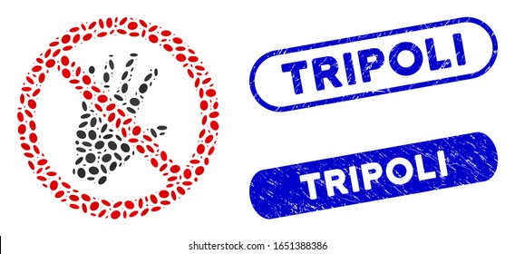 Mosaic do not touch and grunge stamp watermarks with Tripoli caption. Mosaic vector do not touch is composed with randomized elliptic elements. Tripoli stamp seals use blue color,