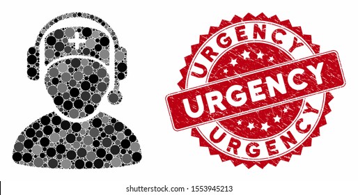 Mosaic doctor call center and grunge stamp seal with Urgency text. Mosaic vector is designed from doctor call center icon and with random spheric items. Urgency stamp seal uses red color,