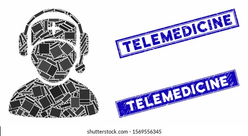 Mosaic doctor call center pictogram and rectangular seal stamps. Flat vector doctor call center mosaic pictogram of randomized rotated rectangular items.