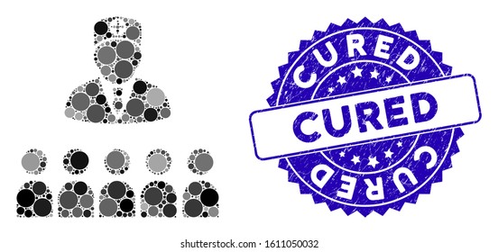 Mosaic doctor class icon and grunge stamp watermark with Cured text. Mosaic vector is composed with doctor class icon and with random round elements. Cured stamp seal uses blue color,