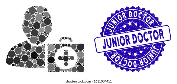 Mosaic doctor icon and corroded stamp watermark with Junior Doctor text. Mosaic vector is created with doctor pictogram and with scattered spheric items. Junior Doctor stamp seal uses blue color,