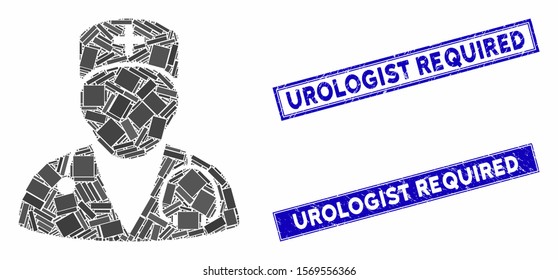 Mosaic doctor pictogram and rectangular seal stamps. Flat vector doctor mosaic pictogram of randomized rotated rectangular items. Blue caption stamps with distress texture.