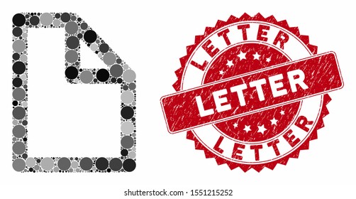 Mosaic document and corroded stamp seal with Letter caption. Mosaic vector is created with document icon and with randomized round spots. Letter seal uses red color, and distress surface.