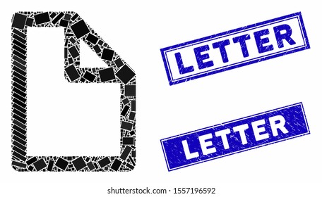 Mosaic document icon and rectangle stamps. Flat vector document mosaic pictogram of randomized rotated rectangle elements. Blue caption stamps with scratched textures.