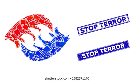 Mosaic dog eat dog pictogram and rectangular Stop Terror seals. Flat vector dog eat dog mosaic pictogram of random rotated rectangular items. Blue Stop Terror stamps with distress surface.