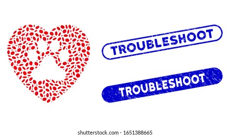 Mosaic dog love heart and corroded stamp seals with Troubleshoot text. Mosaic vector dog love heart is designed with random ellipse elements. Troubleshoot stamp seals use blue color,