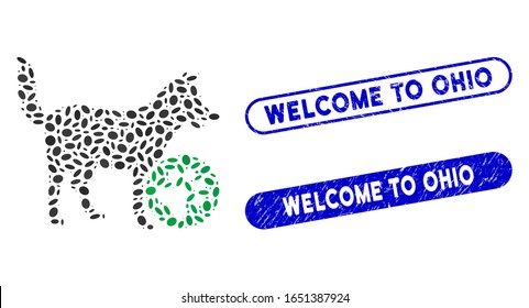 Mosaic for dogs and corroded stamp seals with Welcome to Ohio caption. Mosaic vector for dogs is composed with random elliptic spots. Welcome to Ohio seals use blue color,