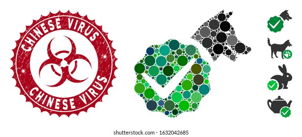 Mosaic for dogs only icon and distressed stamp seal with Chinese Virus caption and biohazard symbol. Mosaic vector is designed with for dogs only icon and with random circle spots.