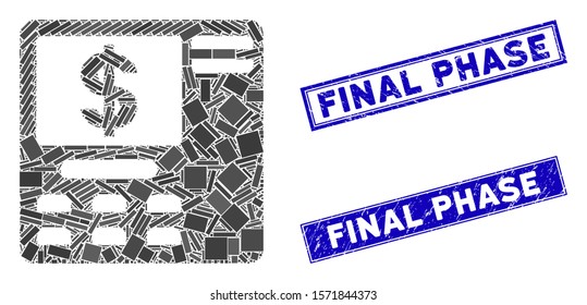 Mosaic dollar ATM icon and rectangular Final Phase seals. Flat vector dollar ATM mosaic icon of randomized rotated rectangular elements. Blue Final Phase stamp imprints with distress texture.