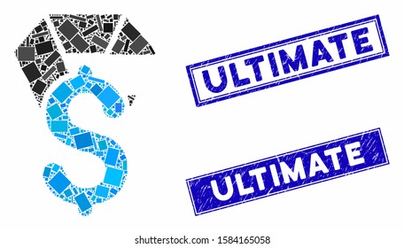 Mosaic dollar award icon and rectangular Ultimate rubber prints. Flat vector dollar award mosaic icon of randomized rotated rectangular items. Blue Ultimate rubber seals with scratched texture.