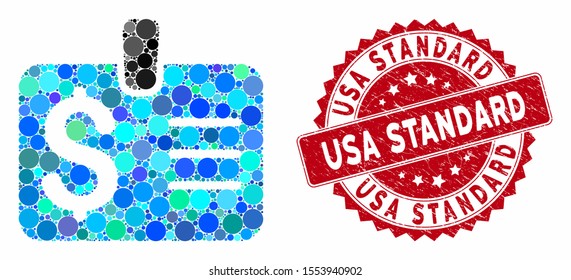Mosaic dollar badge and distressed stamp seal with USA Standard caption. Mosaic vector is created with dollar badge icon and with random spheric spots. USA Standard stamp uses red color,