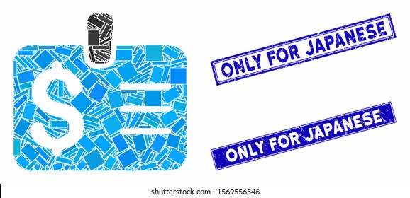 Mosaic dollar badge pictogram and rectangle stamps. Flat vector dollar badge mosaic pictogram of scattered rotated rectangle items. Blue caption seals with grunge texture.