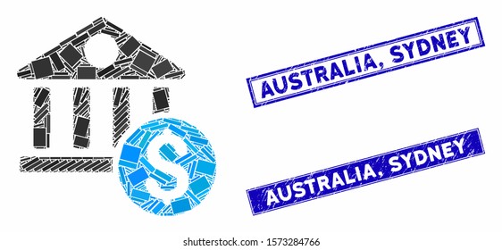 Mosaic dollar bank icon and rectangle Australia, Sydney rubber prints. Flat vector dollar bank mosaic icon of random rotated rectangle elements. Blue Australia,