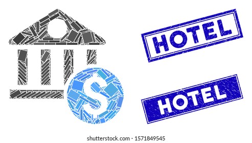 Mosaic dollar bank icon and rectangular Hotel watermarks. Flat vector dollar bank mosaic icon of randomized rotated rectangular elements. Blue Hotel seals with dirty surface.