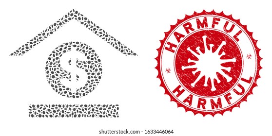 Mosaic dollar bank icon and red round grunge stamp seal with Harmful phrase and coronavirus symbol. Mosaic vector is designed with dollar bank icon and with scattered oval spots.