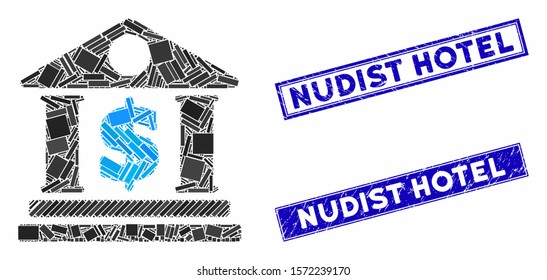 Mosaic dollar bank pictogram and rectangular Nudist Hotel watermarks. Flat vector dollar bank mosaic pictogram of random rotated rectangular elements.
