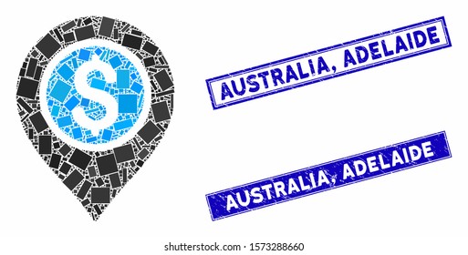 Mosaic dollar bank pointer icon and rectangular Australia, Adelaide stamps. Flat vector dollar bank pointer mosaic icon of random rotated rectangular elements. Blue Australia,