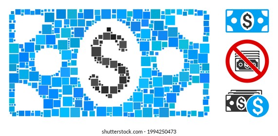 Mosaic Dollar banknote icon composed of square items in different sizes and color hues. Vector square items are composed into abstract mosaic dollar banknote icon. Bonus pictograms are placed.