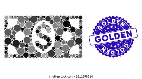 Mosaic dollar banknote icon and distressed stamp seal with Golden caption. Mosaic vector is formed with dollar banknote icon and with random circle elements. Golden stamp uses blue color,