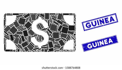 Mosaic dollar banknote icon and rectangle Guinea seal stamps. Flat vector dollar banknote mosaic pictogram of random rotated rectangular elements. Blue Guinea rubber stamps with rubber texture.