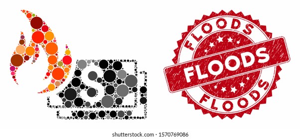 Mosaic dollar banknotes fire and rubber stamp watermark with Floods phrase. Mosaic vector is composed from dollar banknotes fire icon and with randomized round elements. Floods stamp uses red color,