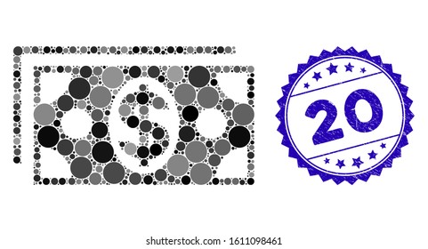 Mosaic dollar banknotes icon and corroded stamp watermark with 20 text. Mosaic vector is created with dollar banknotes icon and with scattered spheric elements. 20 stamp uses blue color,
