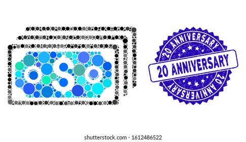 Mosaic dollar banknotes icon and grunge stamp seal with 20 Anniversary phrase. Mosaic vector is formed from dollar banknotes icon and with random circle items.