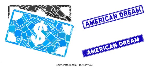 Mosaic dollar banknotes icon and rectangle American Dream seal stamps. Flat vector dollar banknotes mosaic pictogram of random rotated rectangle elements.