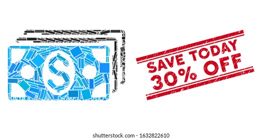 Mosaic dollar banknotes icon and red Save Today 30% Off seal between double parallel lines. Flat vector dollar banknotes mosaic icon of scattered rotated rectangular items. svg