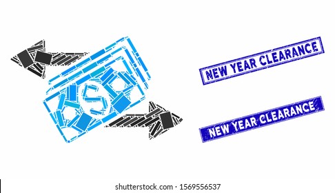 Mosaic dollar banknotes payments icon and rectangle watermarks. Flat vector dollar banknotes payments mosaic icon of randomized rotated rectangle items. Blue caption watermarks with grunged textures.