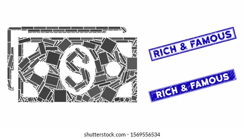 Mosaic dollar banknotes pictogram and rectangular watermarks. Flat vector dollar banknotes mosaic pictogram of scattered rotated rectangular elements. Blue caption rubber seals with rubber texture.