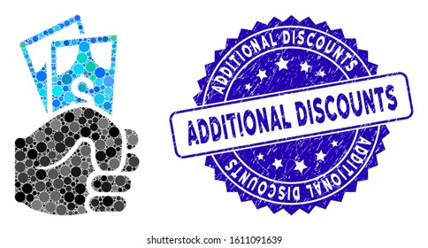 Mosaic dollar banknotes salary icon and grunge stamp seal with Additional Discounts phrase. Mosaic vector is composed with dollar banknotes salary pictogram and with random round spots.