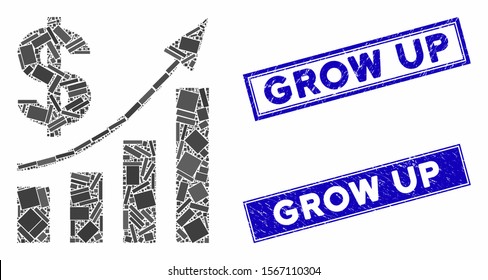 Mosaic dollar bar chart trend pictogram and rectangle seal stamps. Flat vector dollar bar chart trend mosaic pictogram of randomized rotated rectangle elements.